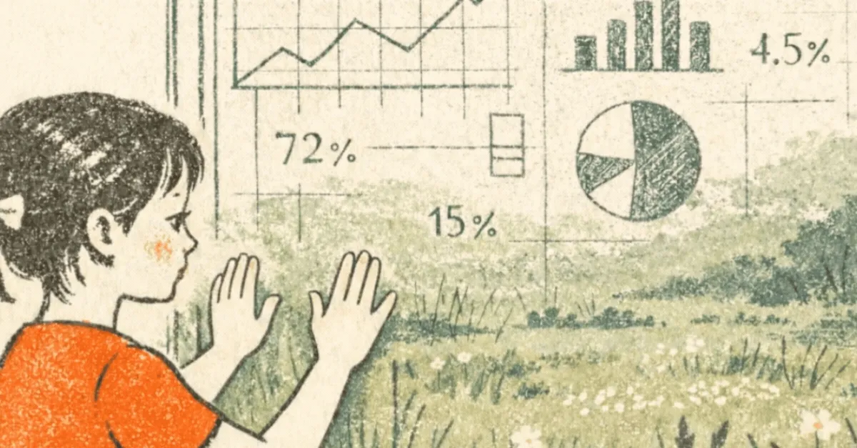 Child interacting with data visualizations in a field Illustration of a child looking at floating charts and graphs over a grassy field with flowers, symbolizing the relationship between human experience and data insights.
