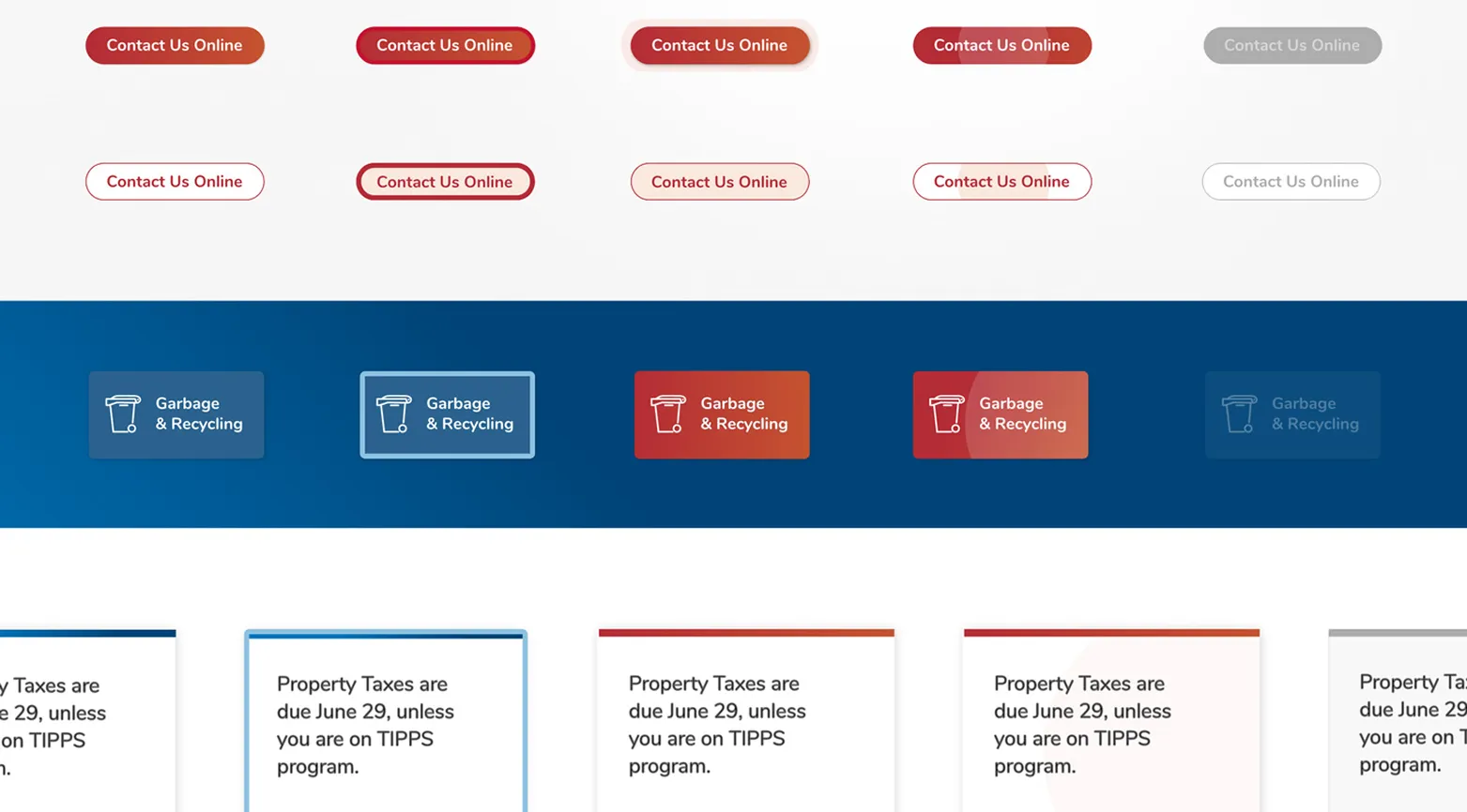 Design system examples showing button, service card, and notice styles in multiple states