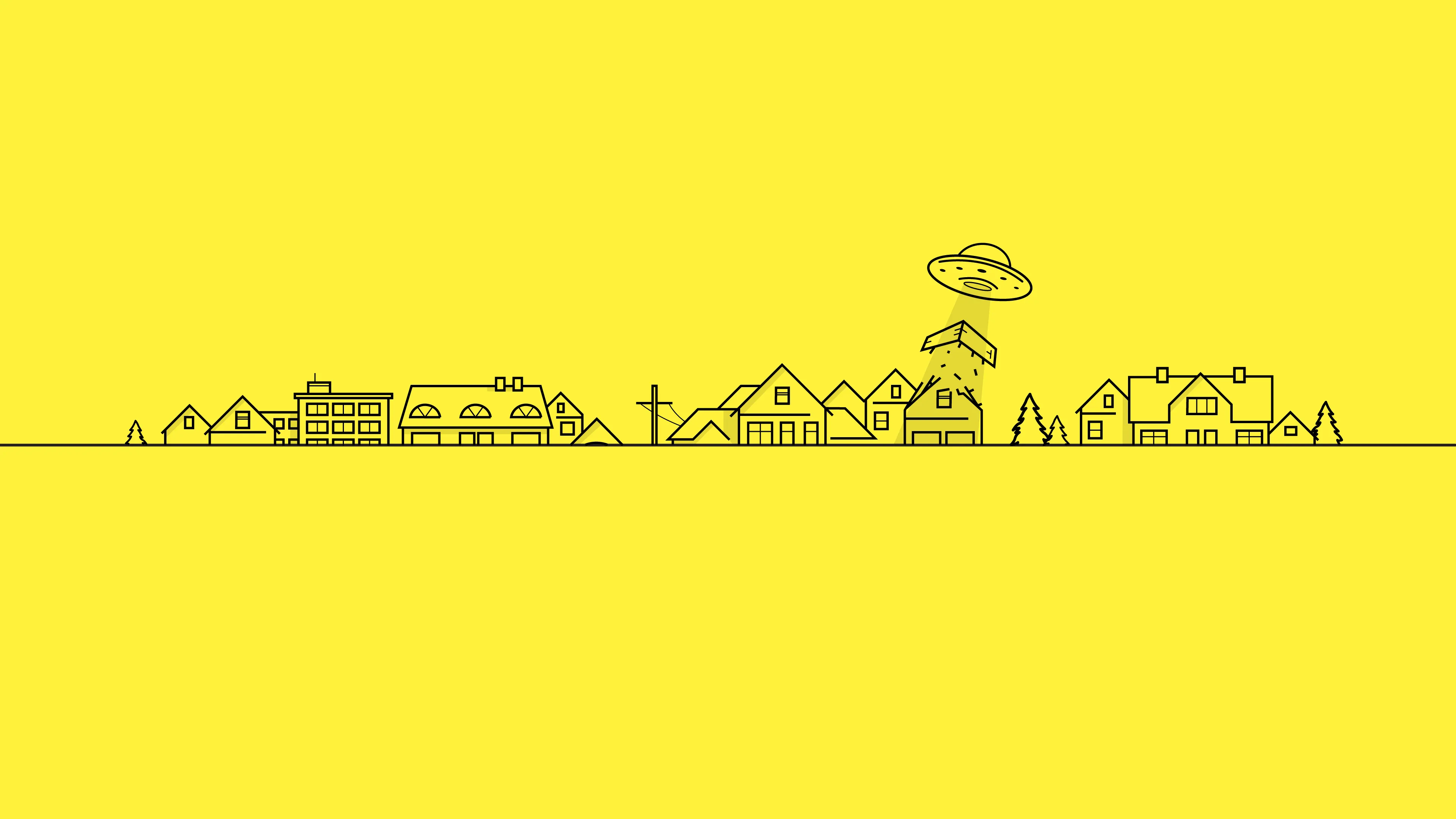 Yellow cityscape line art with a flying saucer above rooftops