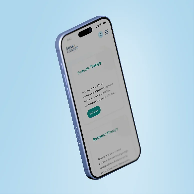 3D smartphone mockup showing Sask Cancer Agency mobile treatment cards for systemic and radiation therapy