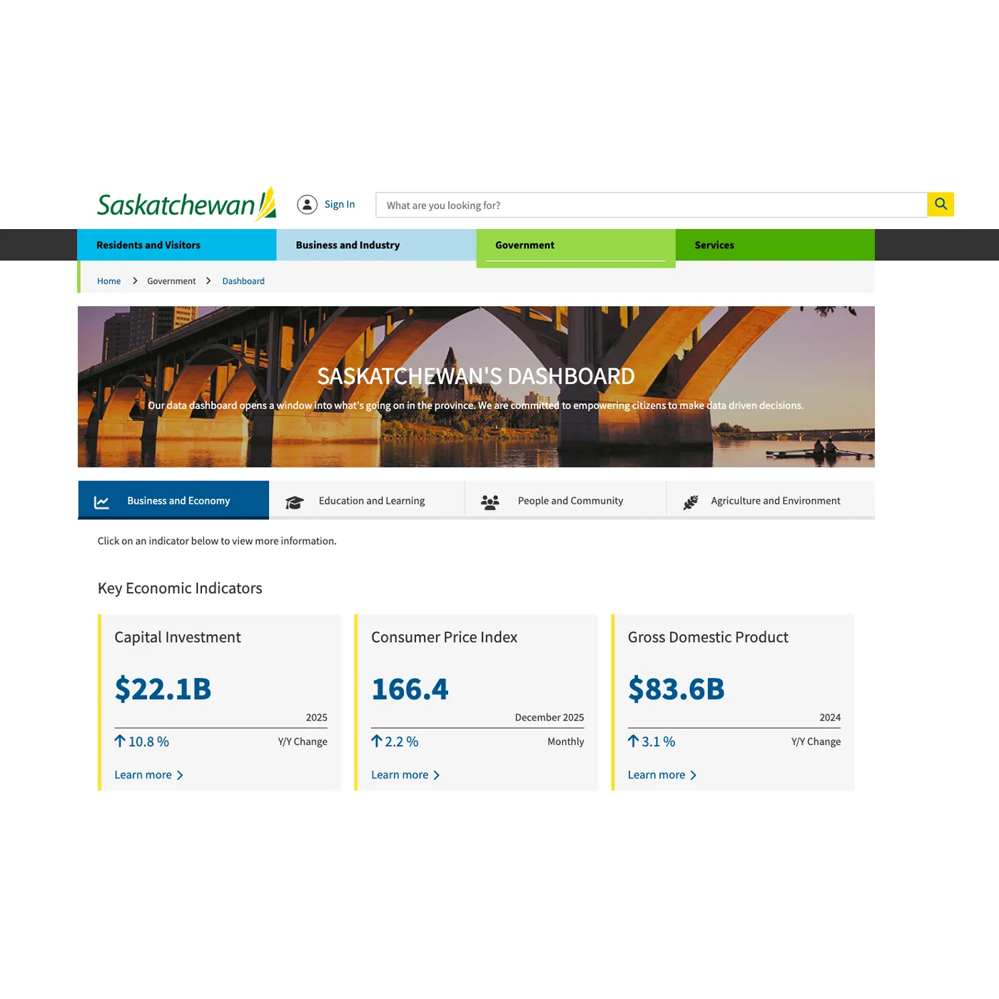 Saskatchewan dashboard homepage showing key economic indicators and category tabs