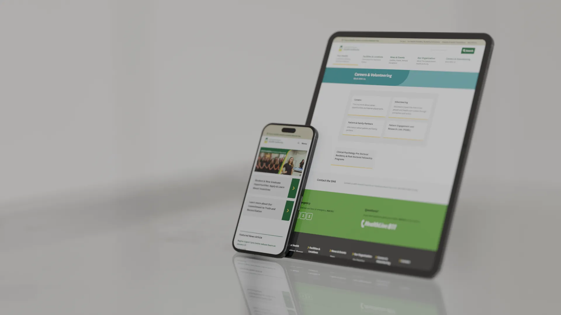 Tablet and phone displaying Saskatchewan Health Authority careers and volunteering pages