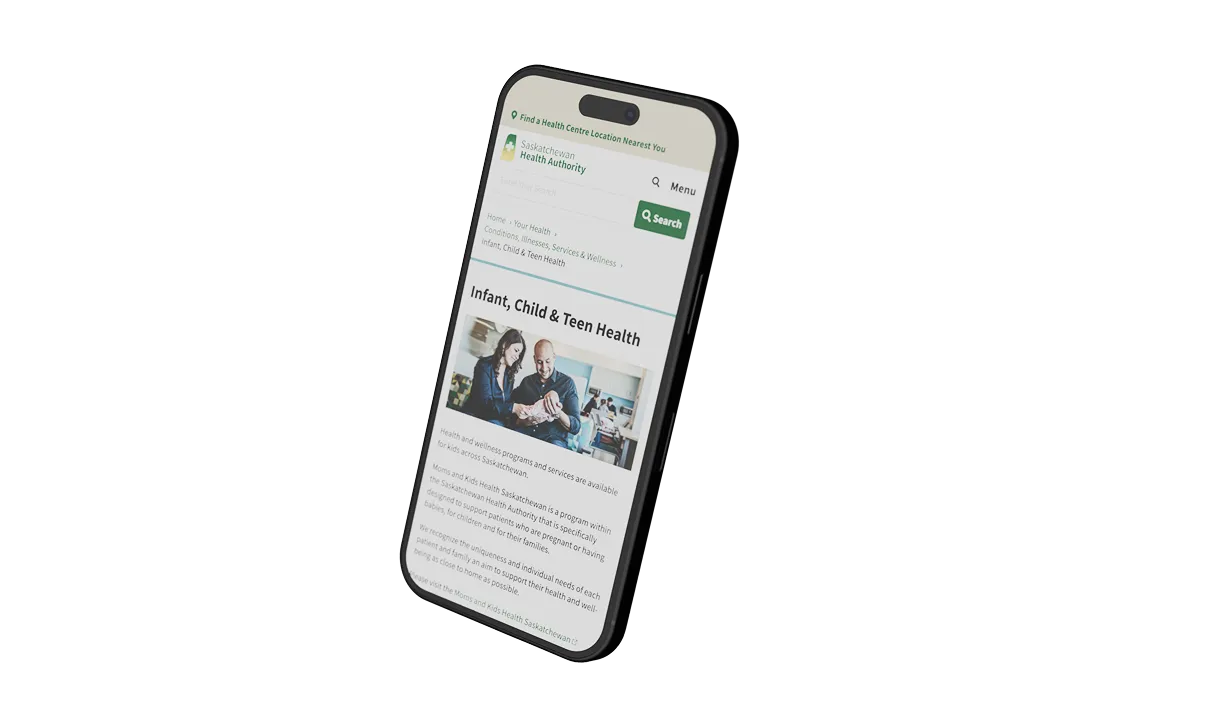 Mobile phone showing Saskatchewan Health Authority infant, child, and teen health page