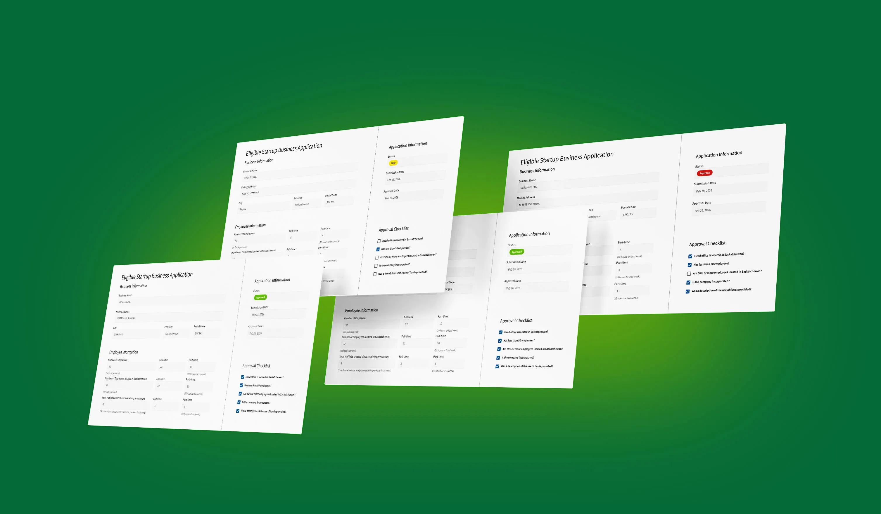 Four overlapping Eligible Startup Business Application records with different statuses on a green background